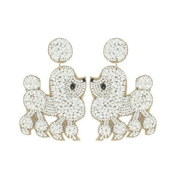 Seed Bead Handmade White Poodle Dog Earrings Boho Stud Gold Pearl Beads - Picture 1 of 1